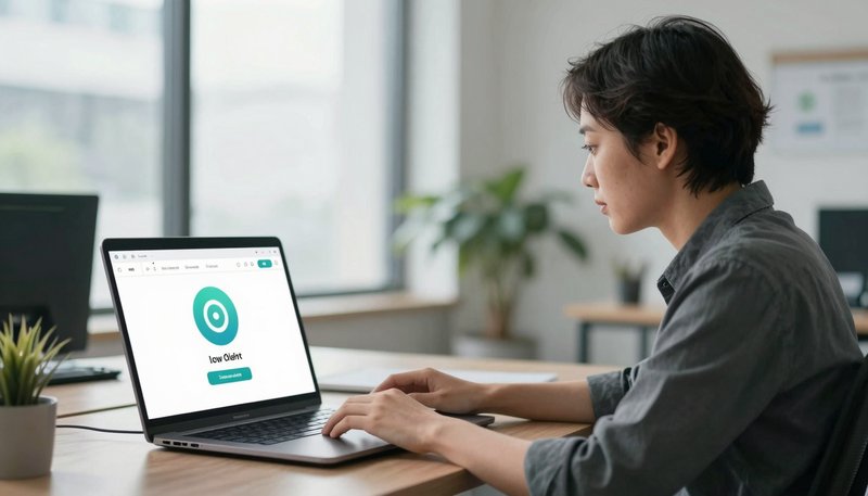 Marketer merancang agent AI kustom low-code terhubung data CRM di laptop kantor modern
