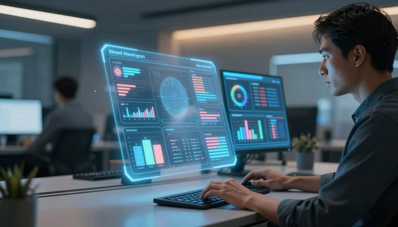 Pusat operasi marketing modern dengan dashboard commerce AI dan panel holografik katalog produk