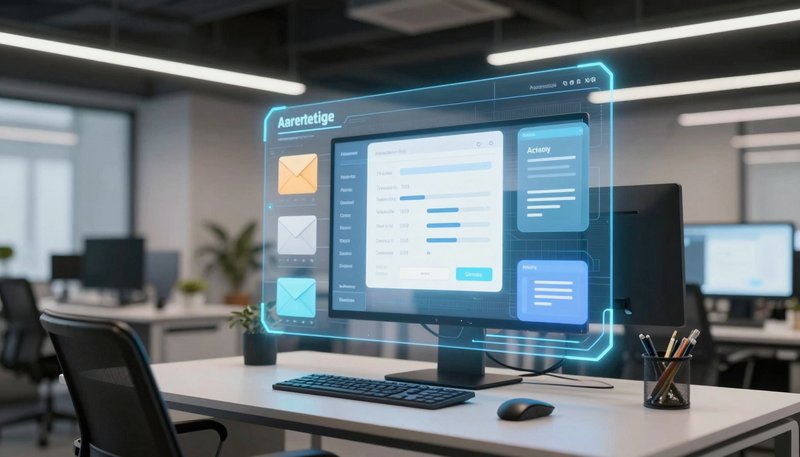 Professional marketing workspace with AI holographic interface showing email campaign analytics dashboard