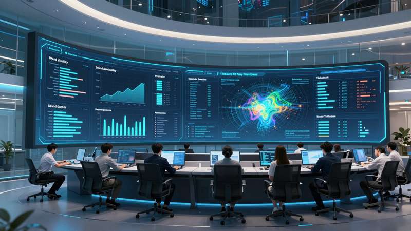 Modern marketing command center with holographic AI analytics dashboard showing brand visibility metrics and citation share charts