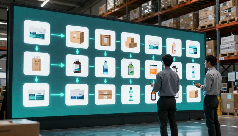 Katalog produk digital terstruktur terhubung ke endpoint API di gudang modern