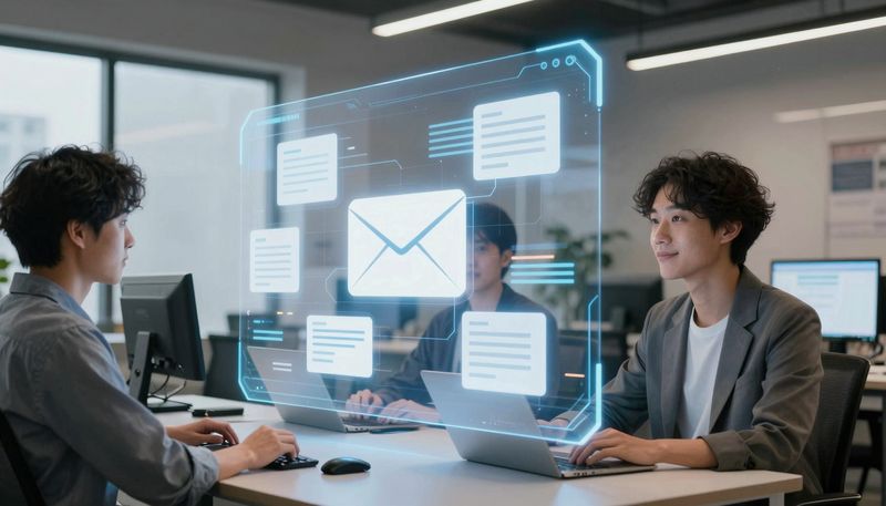 AI holographic interface generating email subject lines and copy variations on marketing workspace screen
