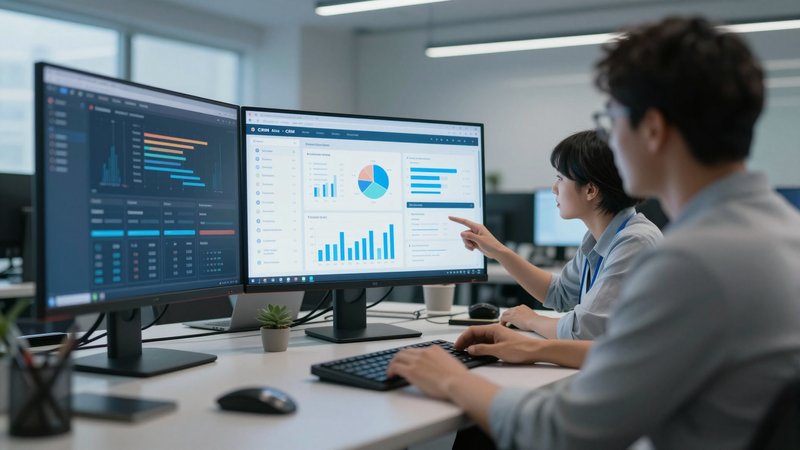 Tim marketing operations meninjau dasbor AI agent dan analitik CRM di monitor kantor modern