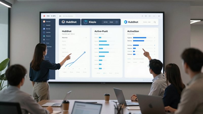 Marketing team comparing AI email platforms HubSpot Klaviyo ActiveCampaign on dashboard
