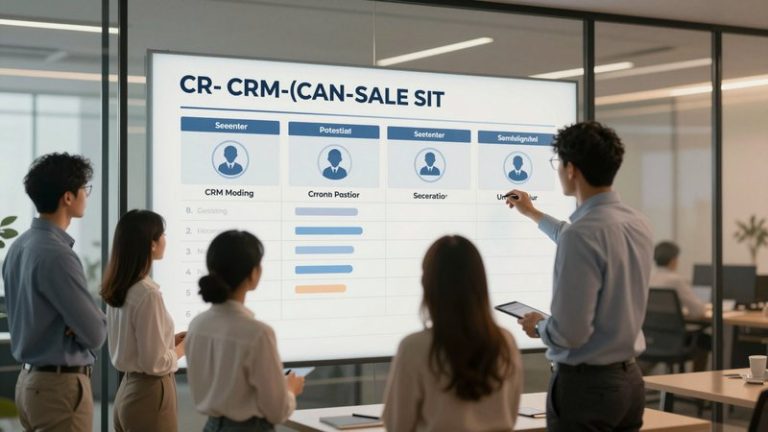 Tim sales dan marketing berkolaborasi di papan pipeline CRM dengan asisten AI di kantor modern